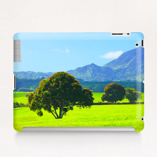 green tree in the green field with green mountain and blue sky background Tablet Case by Timmy333