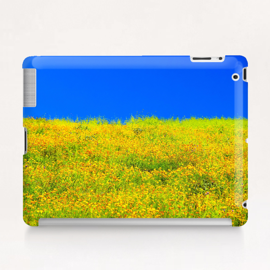 yellow poppy flower field with green leaf and clear blue sky Tablet Case by Timmy333