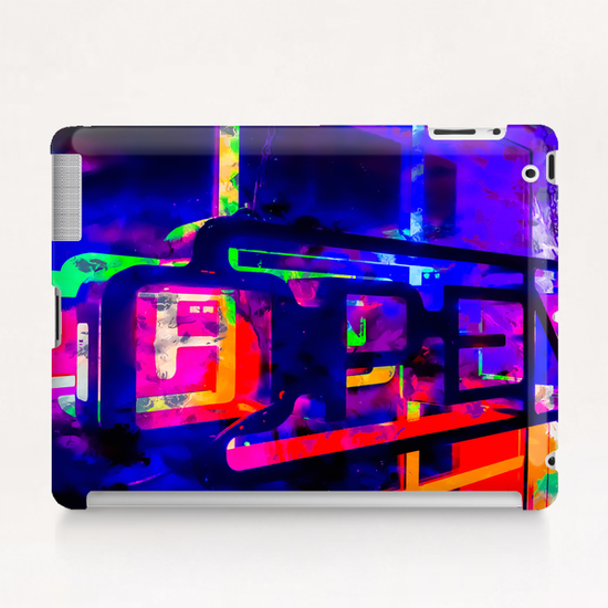 OPEN neon sign with pink purple red and blue painting abstract background Tablet Case by Timmy333