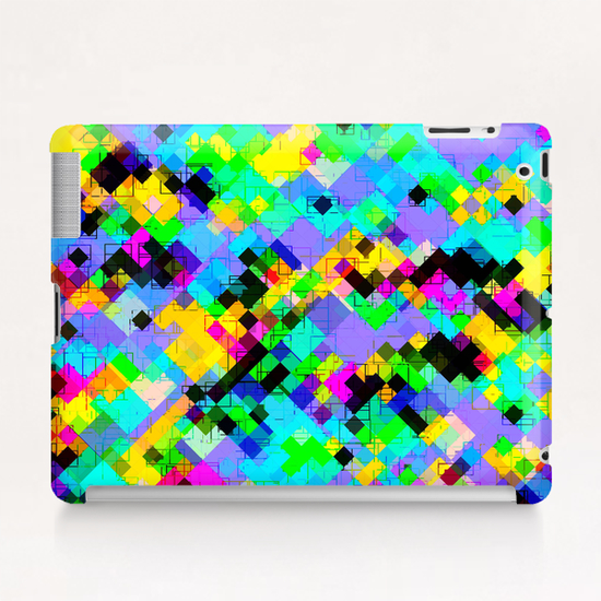 geometric square pixel pattern abstract in blue green yellow pink Tablet Case by Timmy333