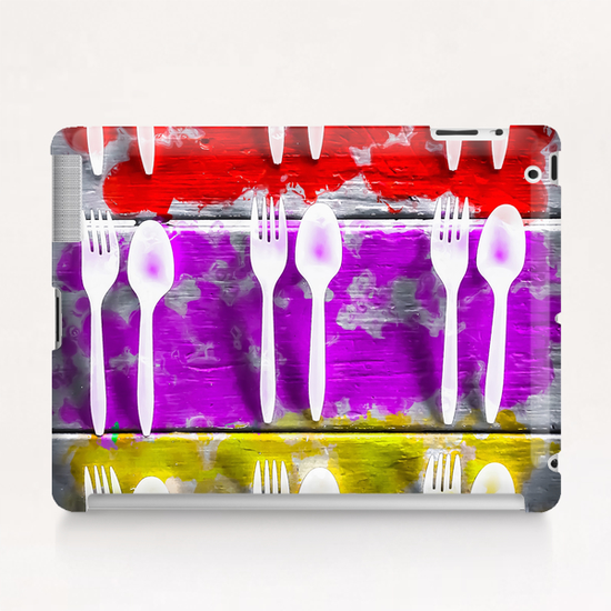 fork and spoon with splash painting texture abstract background in pink red yellow Tablet Case by Timmy333