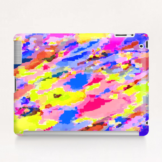 psychedelic geometric square pixel pattern abstract in pink yellow blue Tablet Case by Timmy333