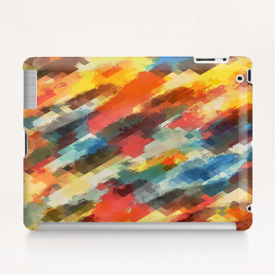 psychedelic camouflage geometric pixel square pattern abstract in orange yellow blue Tablet Case by Timmy333