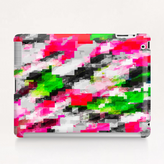 psychedelic geometric square pixel pattern abstract in pink green Tablet Case by Timmy333