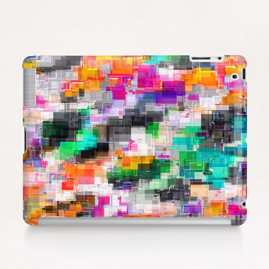 psychedelic geometric square pixel pattern abstract in orange green pink blue Tablet Case by Timmy333