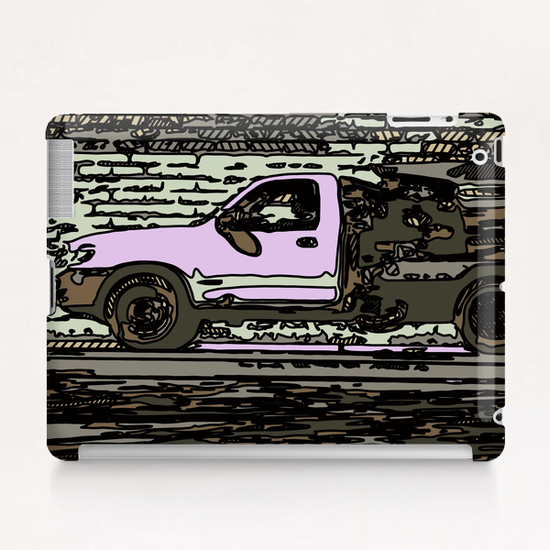 pink car on the road with brick wall background Tablet Case by Timmy333
