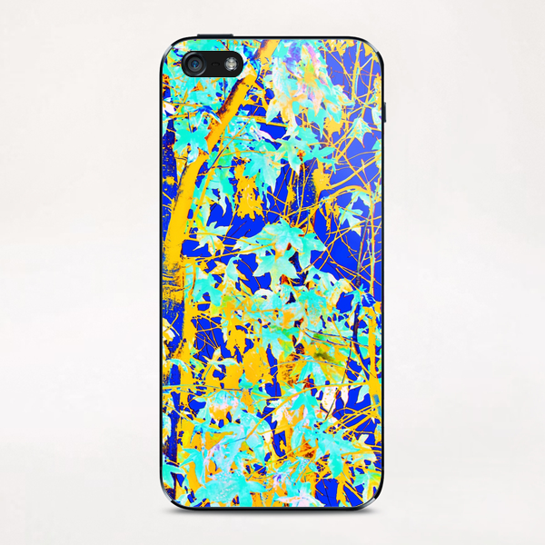 green maple tree leaf with blue and yellow abstract background iPhone & iPod Skin by Timmy333