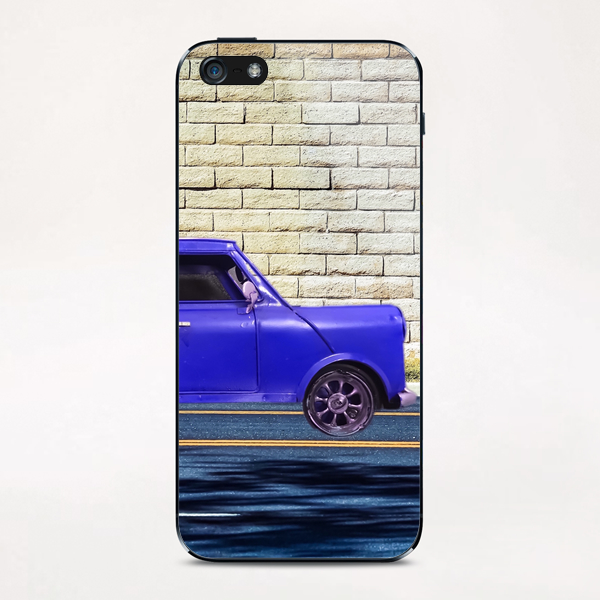 blue classic car on the road with brick wall background iPhone & iPod Skin by Timmy333