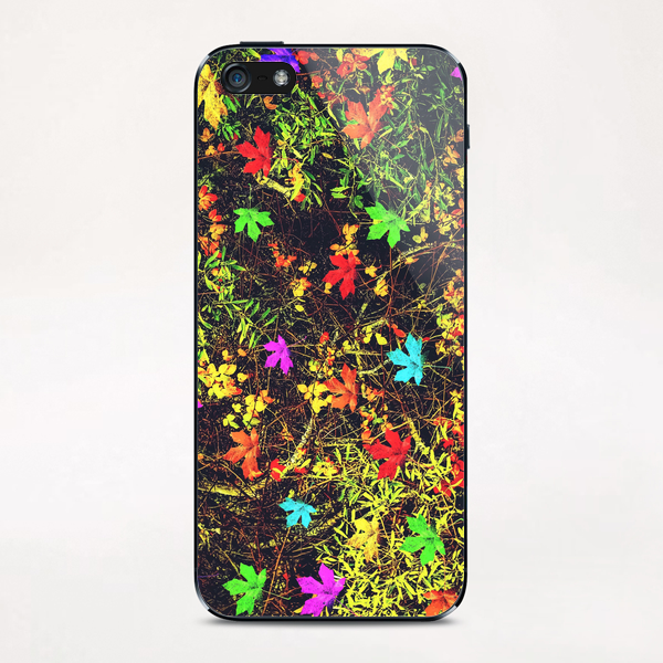 maple leaf in blue red green yellow pink orange with green creepers plants background iPhone & iPod Skin by Timmy333