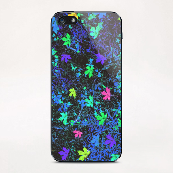 maple leaf in pink green purple blue yellow with blue creepers plants background iPhone & iPod Skin by Timmy333