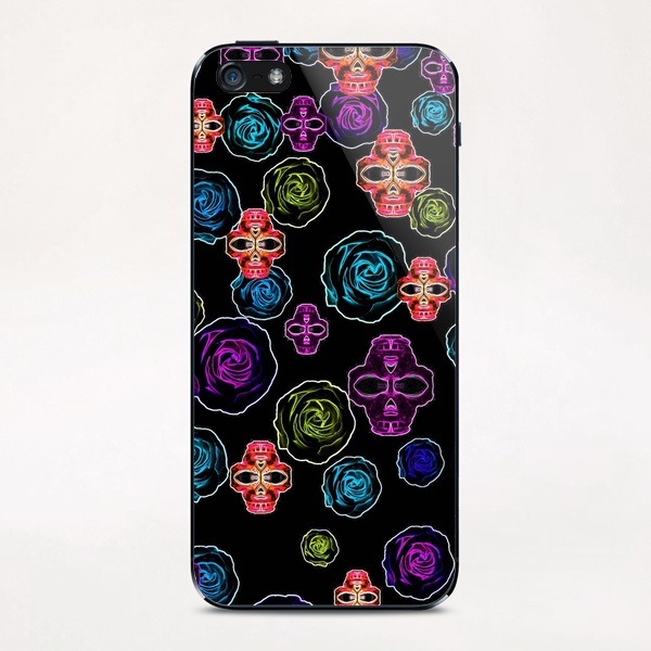 skull art portrait and roses in pink purple blue yellow with black background iPhone & iPod Skin by Timmy333