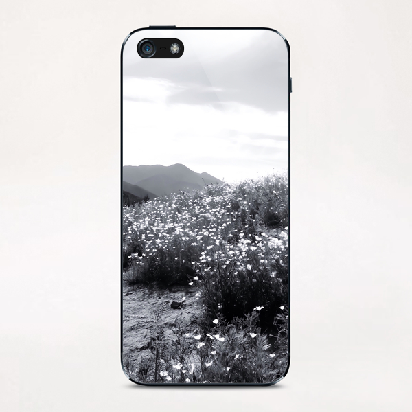 poppy flower field with mountain and cloudy sky in black and white iPhone & iPod Skin by Timmy333