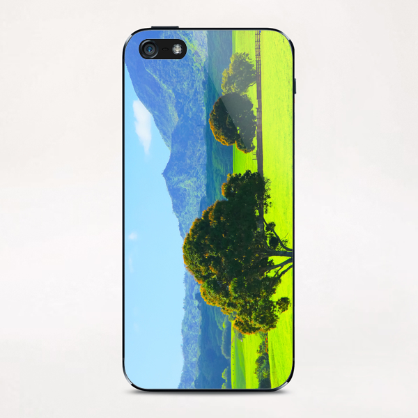 green tree in the green field with green mountain and blue sky background iPhone & iPod Skin by Timmy333