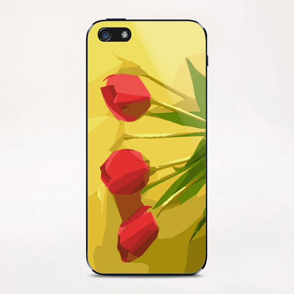 red flowers with green leaves and yellow background iPhone & iPod Skin by Timmy333