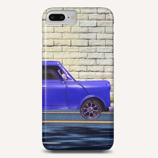 blue classic car on the road with brick wall background Phone Case by Timmy333