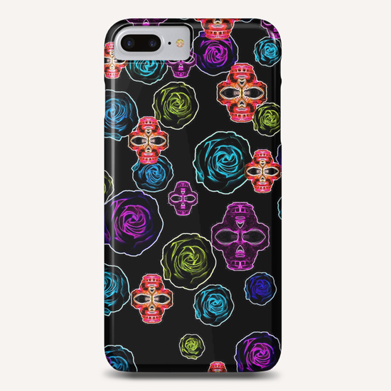 skull art portrait and roses in pink purple blue yellow with black background Phone Case by Timmy333