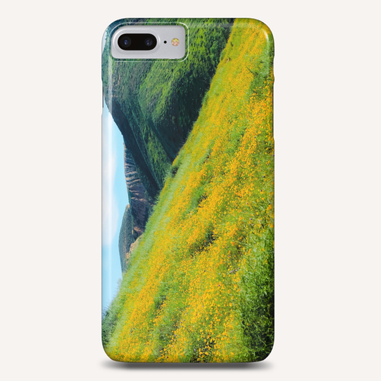 yellow poppy flower field with green leaf and green mountain and cloudy blue sky in summer Phone Case by Timmy333