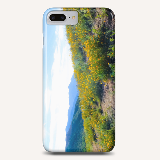 yellow poppy flower field with green leaf and blue cloudy sky in summer Phone Case by Timmy333