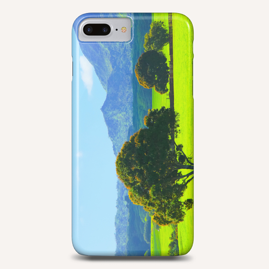 green tree in the green field with green mountain and blue sky background Phone Case by Timmy333