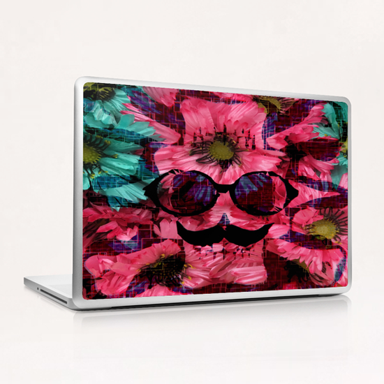 vintage old skull portrait with red and blue flower pattern abstract background Laptop & iPad Skin by Timmy333