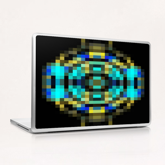 geometric square pixel abstract in blue and yellow with black background Laptop & iPad Skin by Timmy333