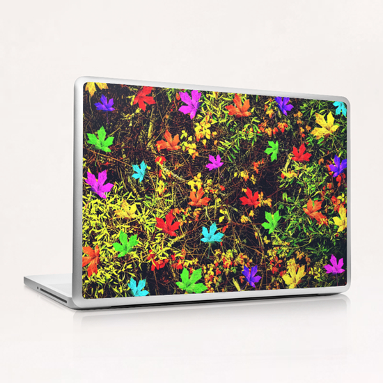 maple leaf in blue red green yellow pink orange with green creepers plants background Laptop & iPad Skin by Timmy333