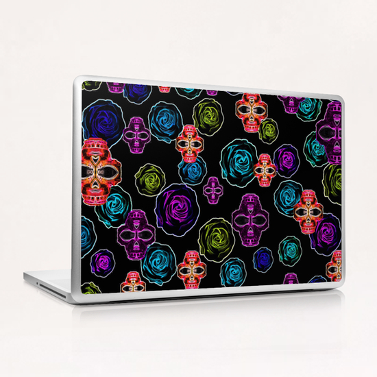 skull art portrait and roses in pink purple blue yellow with black background Laptop & iPad Skin by Timmy333