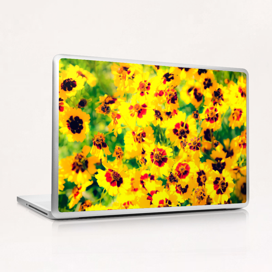 blooming yellow flower with green leaf background Laptop & iPad Skin by Timmy333