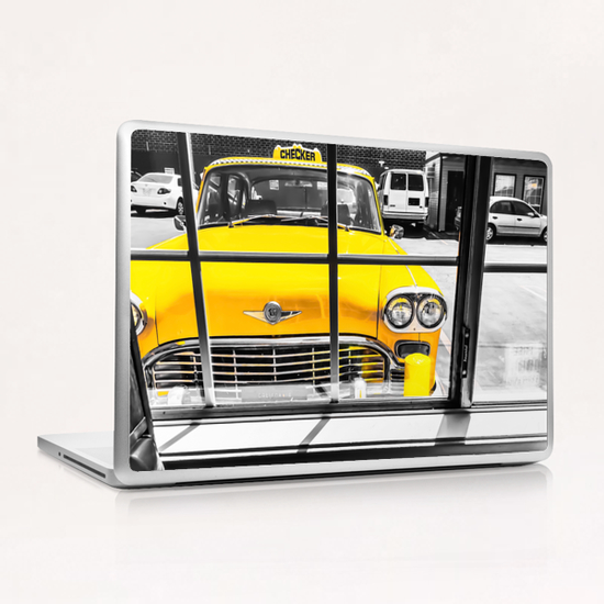 vintage yellow taxi car with black and white background Laptop & iPad Skin by Timmy333