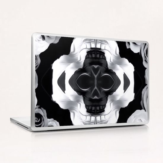 funny skull portrait with roses in black and white Laptop & iPad Skin by Timmy333