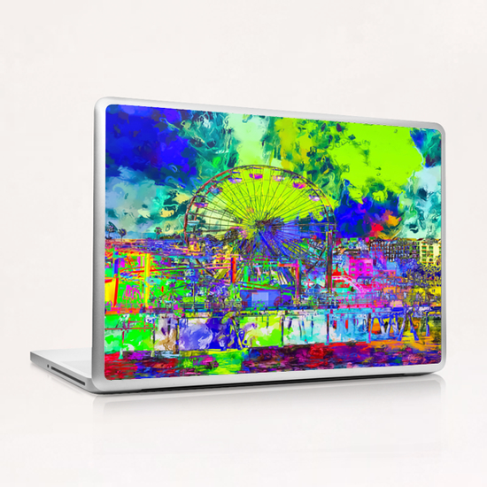ferris wheel and buildings at Santa Monica pier, USA with colorful painting abstract background Laptop & iPad Skin by Timmy333