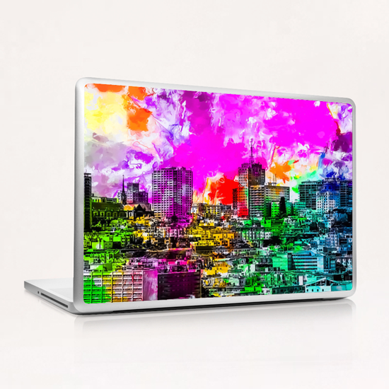 building in the city at San Francisco, USA with colorful painting abstract background Laptop & iPad Skin by Timmy333