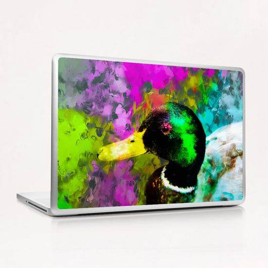 mallard duck with pink blue green yellow painting abstract background Laptop & iPad Skin by Timmy333