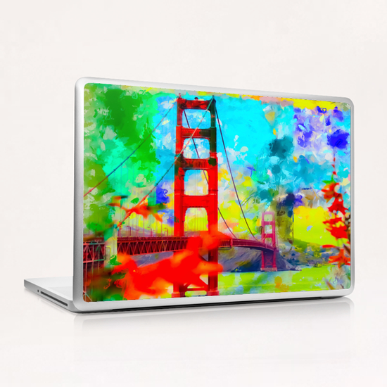 Golden Gate bridge, San Francisco, USA with blue yellow green painting abstract background Laptop & iPad Skin by Timmy333