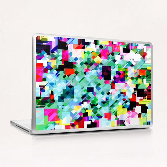 geometric square pixel pattern abstract in green pink blue yellow Laptop & iPad Skin by Timmy333