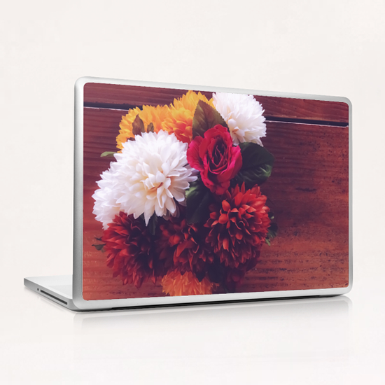 red rose and yellow white and brown flower with wood background Laptop & iPad Skin by Timmy333