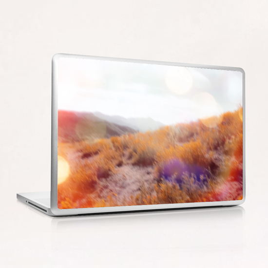 yellow flower field on the mountain with summer light bokeh abstract Laptop & iPad Skin by Timmy333