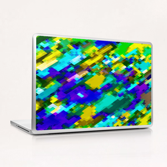 psychedelic geometric square pixel pattern abstract in green yellow blue purple Laptop & iPad Skin by Timmy333