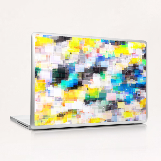 psychedelic geometric square pixel pattern abstract in blue yellow green Laptop & iPad Skin by Timmy333