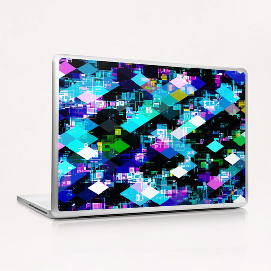 psychedelic geometric square pixel pattern abstract in blue yellow pink Laptop & iPad Skin by Timmy333